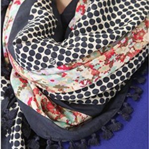 New Tory Burch Floral Polka-Dot Pom Pom Fringe Scarf Cotton Silk Navy
